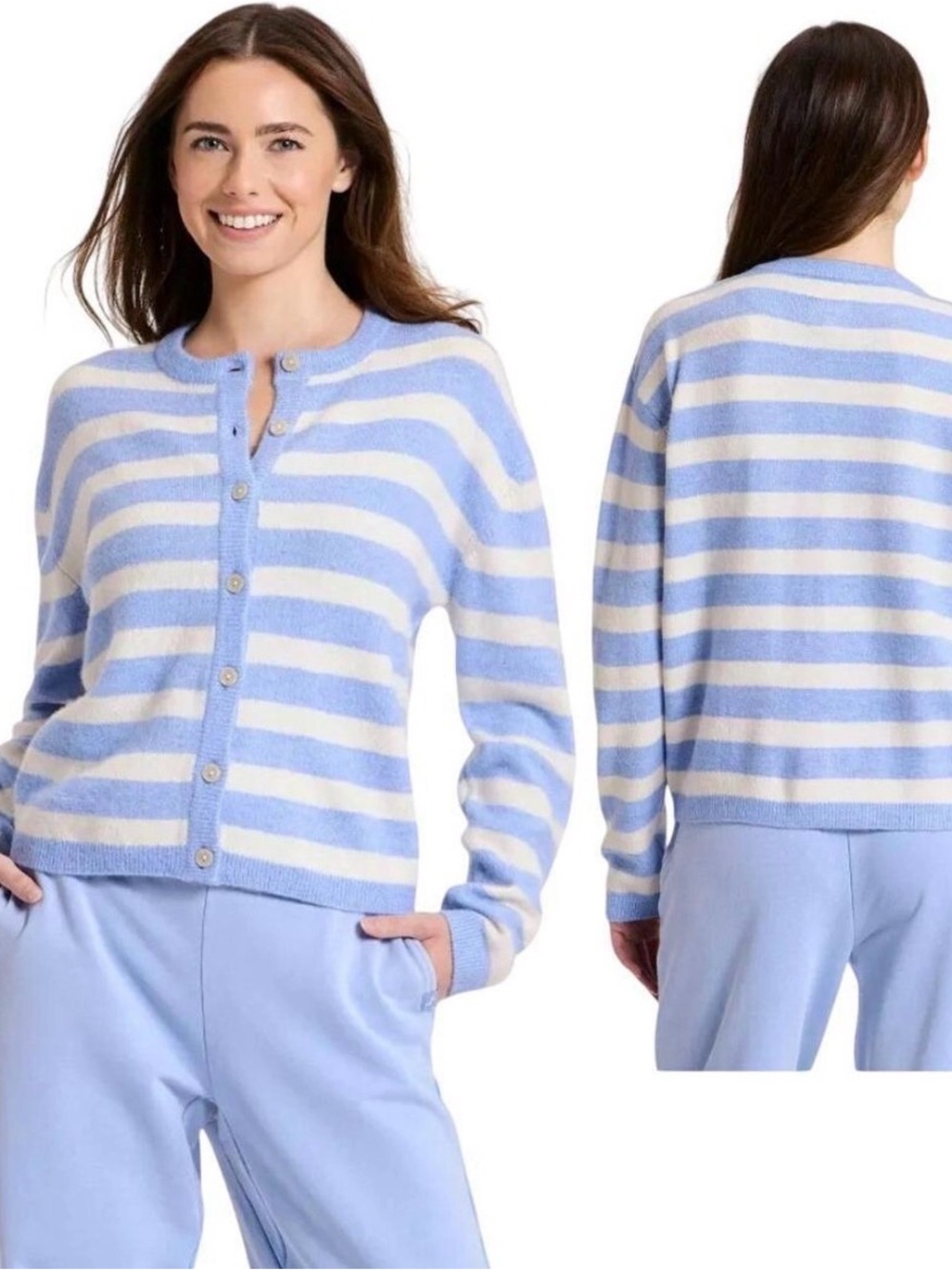 JoyLab Blue and Cream Striped Button-Front Cardigan